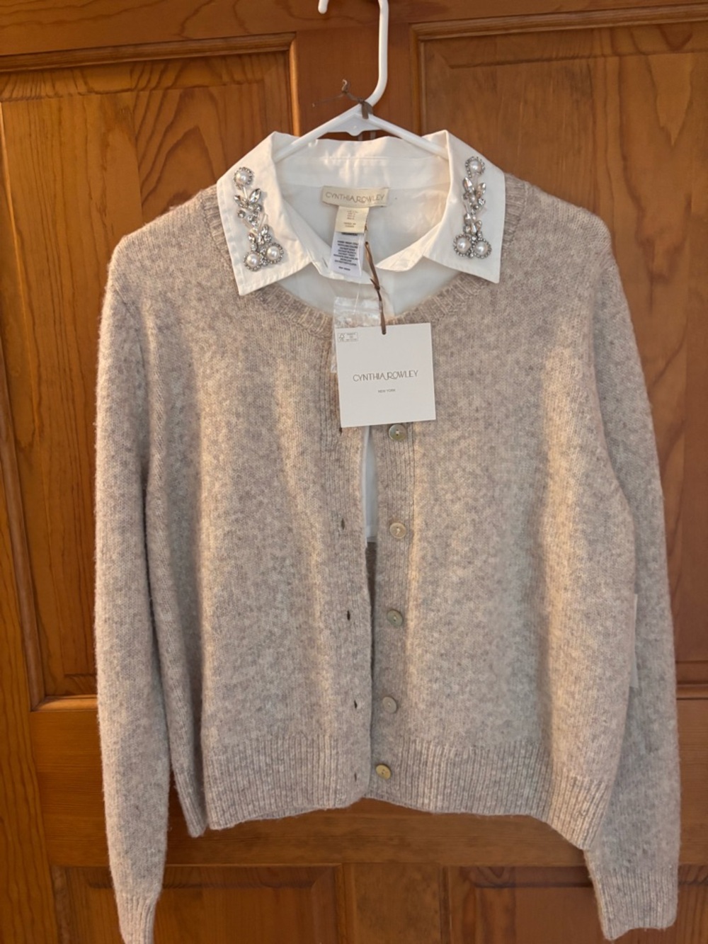 CYNTHIA ROWLEY Beige Embellished-Collar Women's Sweater Cardigan